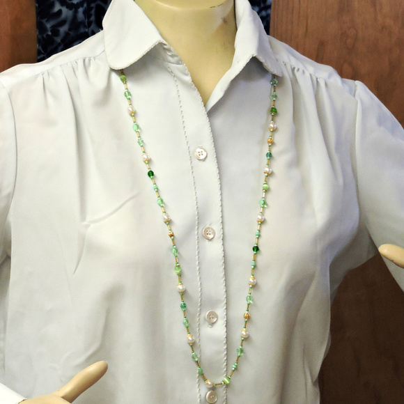 Green, White & Gold Necklace 38" long, never worn, OOAK handcrafted jewelry - Picture 5 of 9
